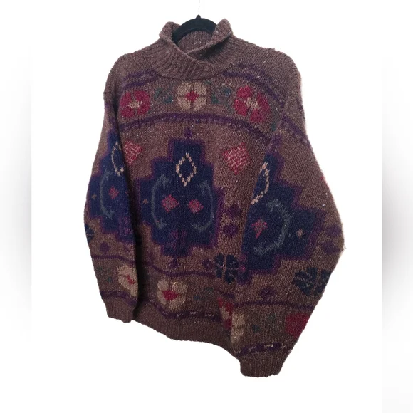 Outback Red Sweater Women Large Brown Purple Aztec Diamond Shawl Relaxed Wool - Picture 1 of 10